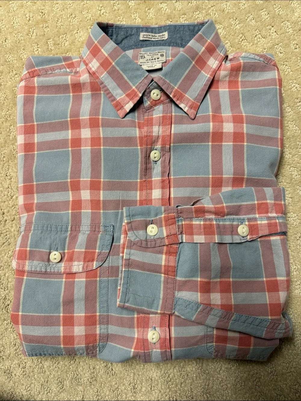 J. Crew Men’s Light Blue and Pink Plaid Button-Down Shirt